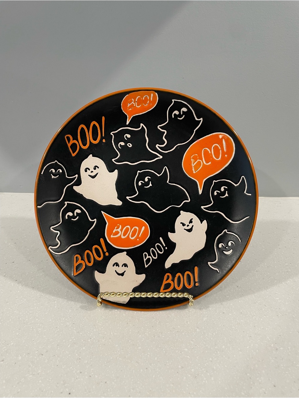 Halloween Ghost “BOO!” Decorative Plate – Black Orange & Cream – Approx. 8.5”